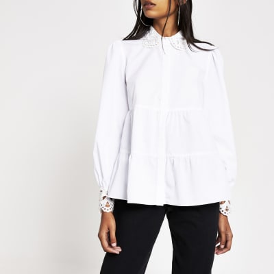 White Embroidered Collar Smock Shirt River Island