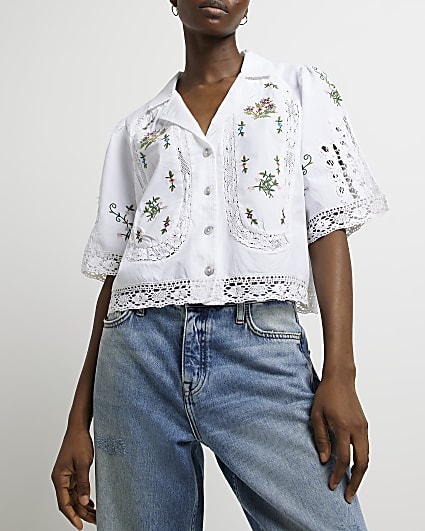 White embroidered cropped shirt