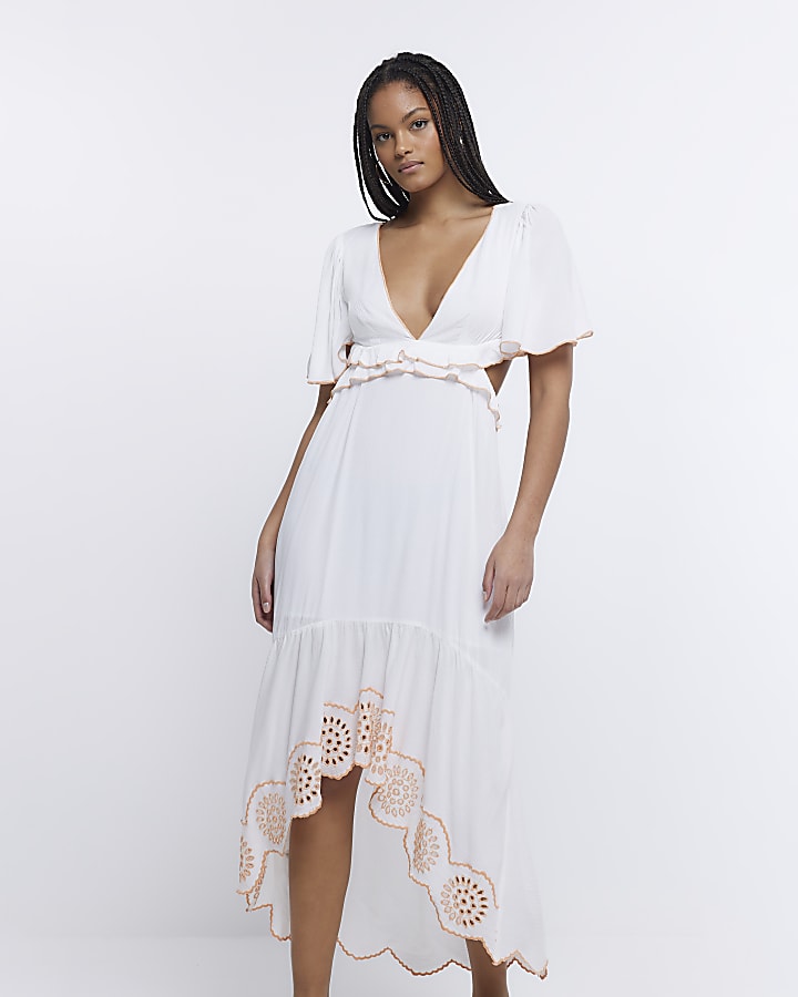 White embroidered cut out beach midi dress