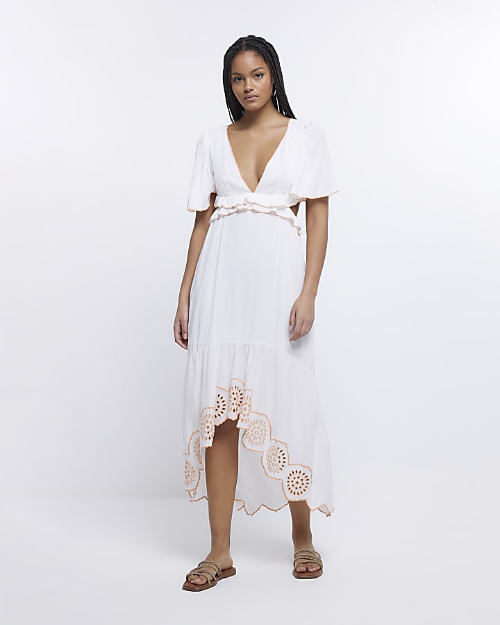 White embroidered cut out beach midi dress