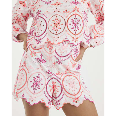 White Embroidered Cutwork Shorts