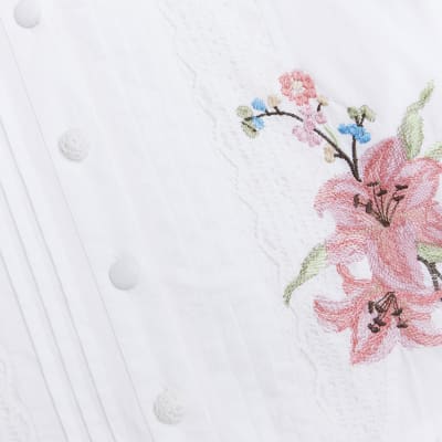 White embroidered floral mini shirt dress