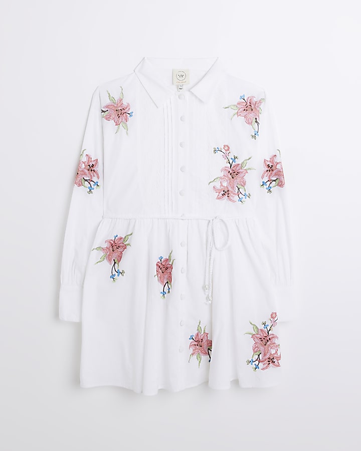 White embroidered floral mini shirt dress