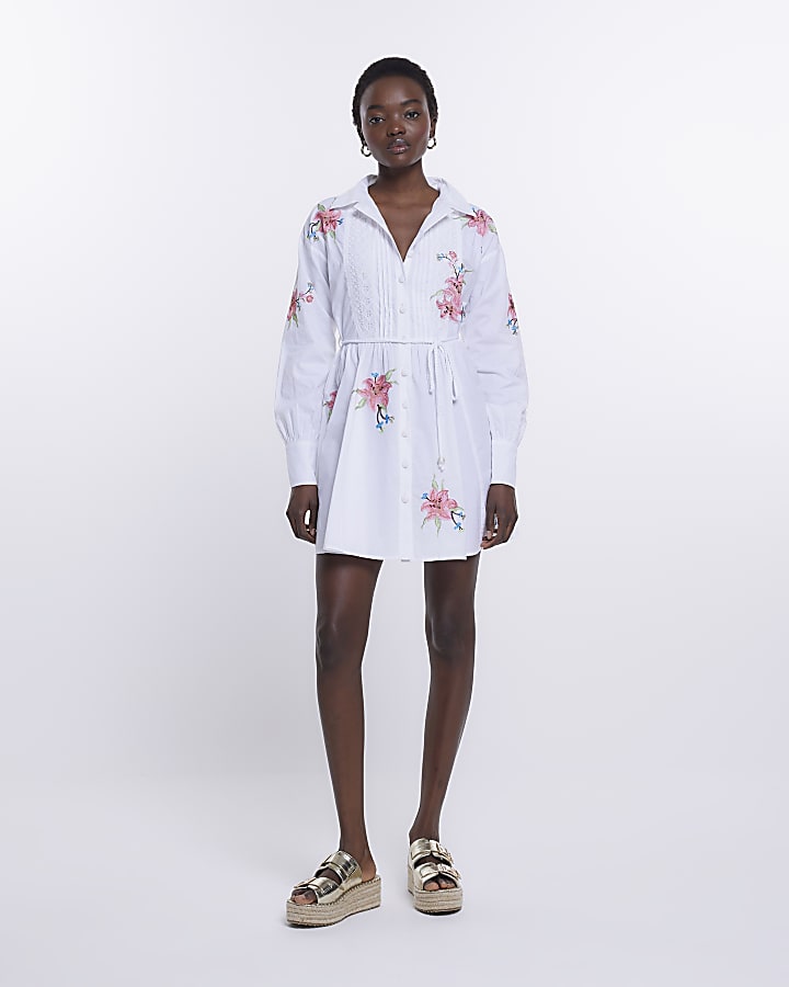 White embroidered floral mini shirt dress