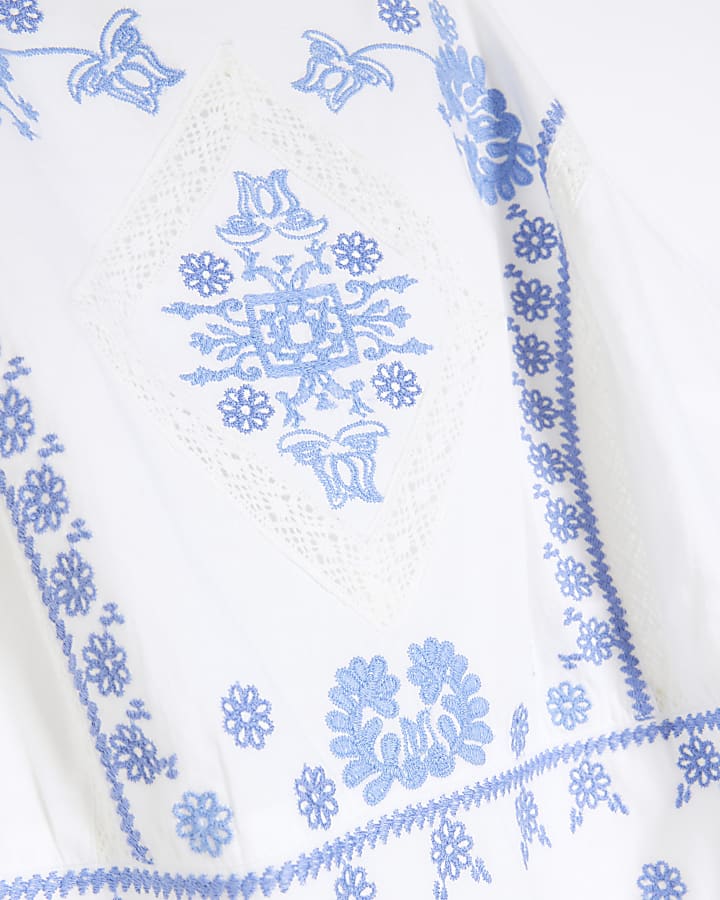 White embroidered floral shift midi dress