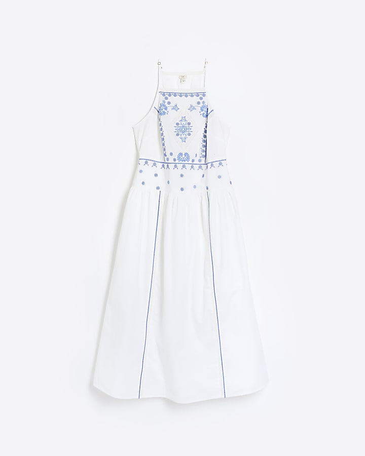 White embroidered floral shift midi dress