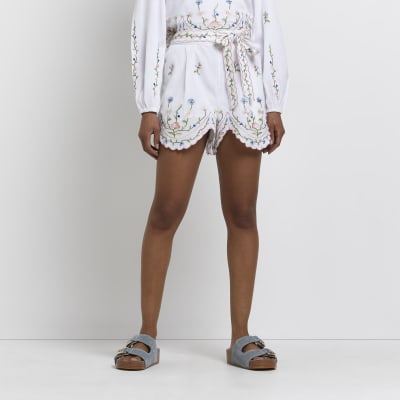 river island white embroidered shorts