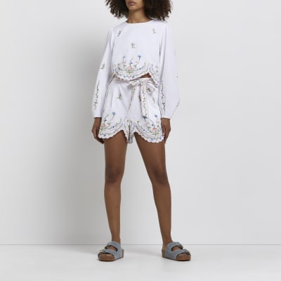 river island white embroidered shorts