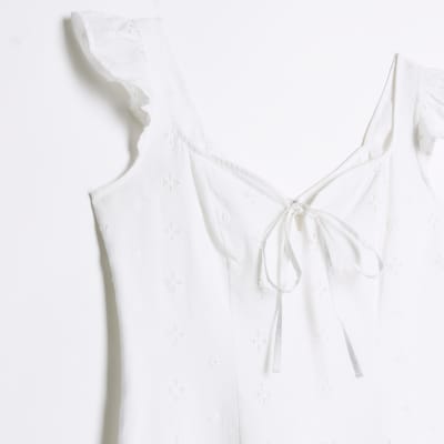 White embroidered frill bodycon midi dress