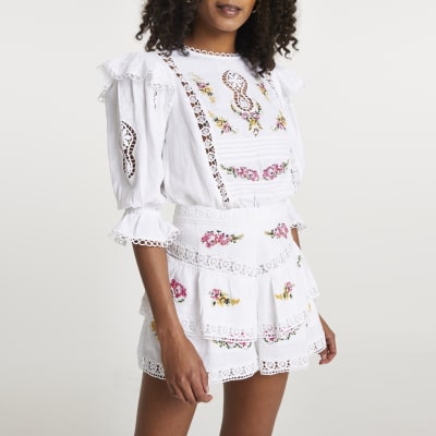 river island white embroidered shorts