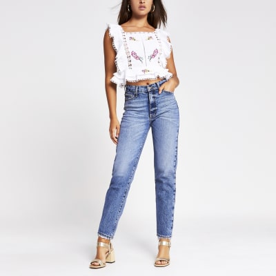 White embroidered frill sleeve crop top River Island