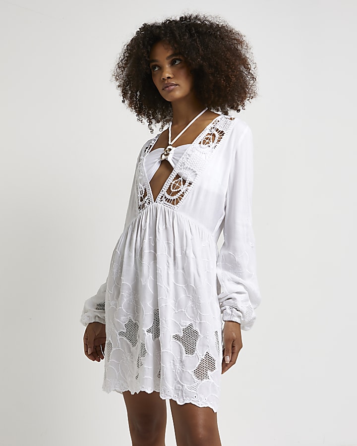 White embroidered lace smock mini dress