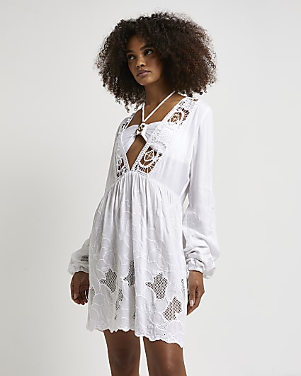 White embroidered lace smock mini dress