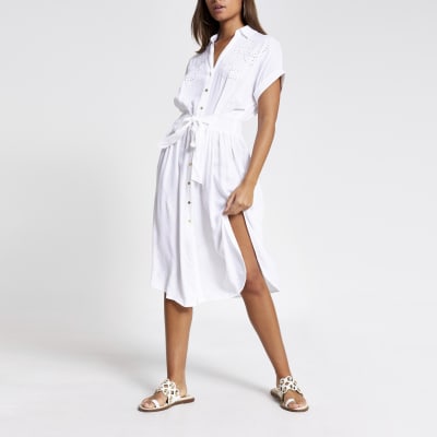  White  embroidered midi  shirt  beach dress  River Island