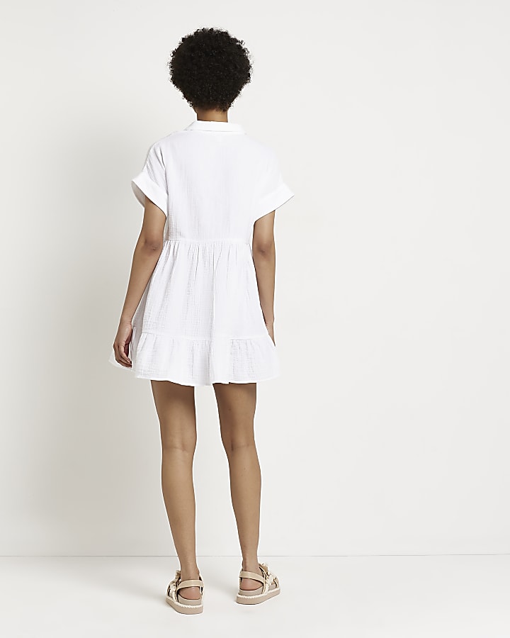 White embroidered mini shirt dress