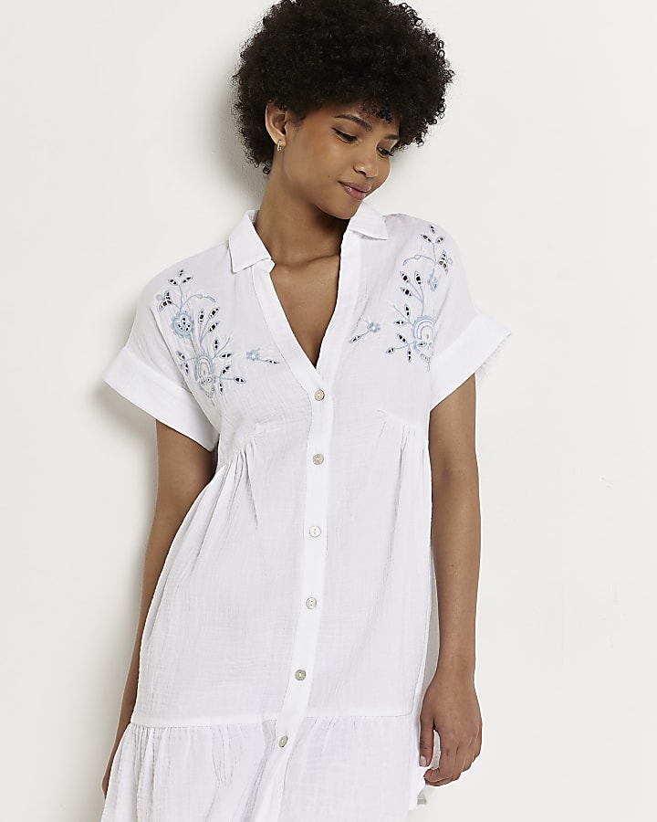 White embroidered mini shirt dress