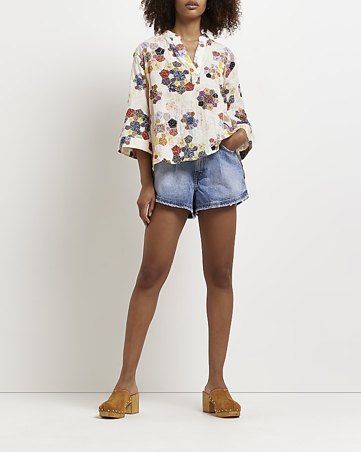 White embroidered patchwork smock top