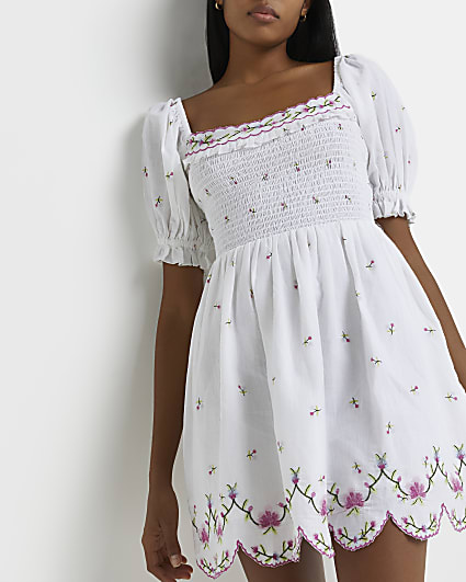 White embroidered shirred mini dress