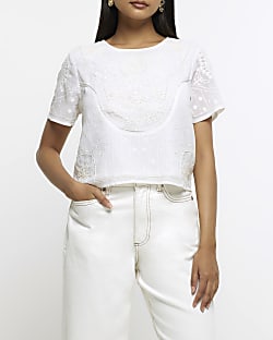 White embroidered short sleeve top