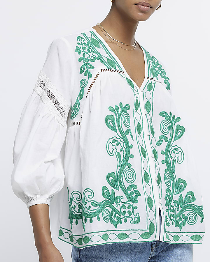 White embroidered smock top