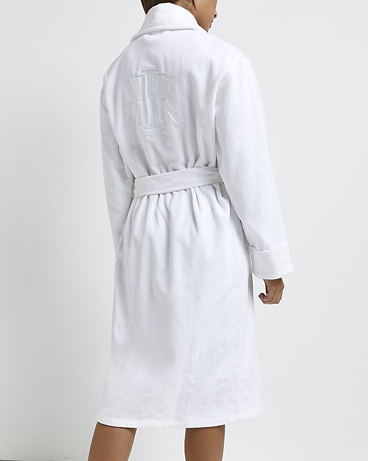 White embroidered towelling dressing gown