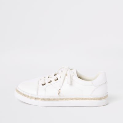 White espadrille trim lace-up trainers