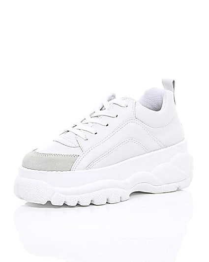 360 degree animation of product White faux leather chunky lace up trainers frame-0