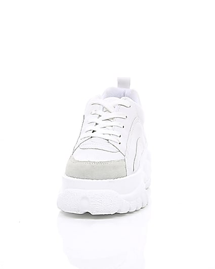 360 degree animation of product White faux leather chunky lace up trainers frame-3
