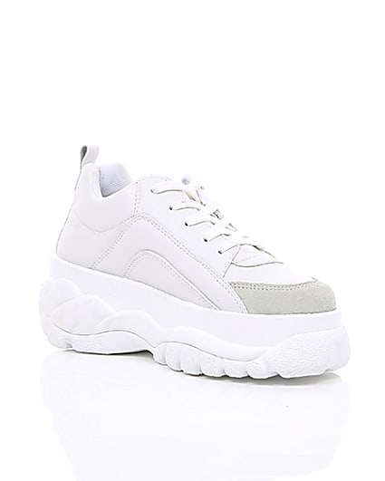 360 degree animation of product White faux leather chunky lace up trainers frame-7