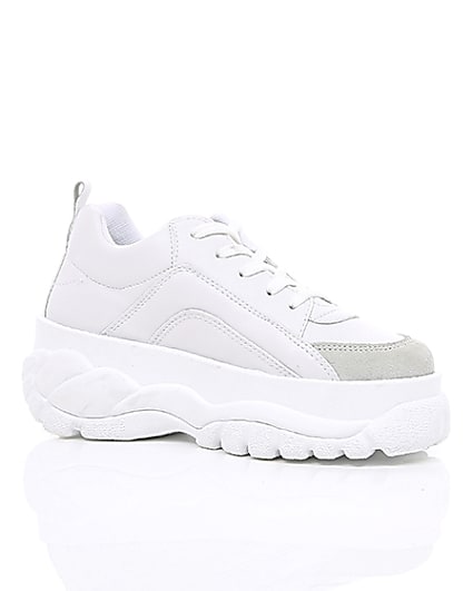 360 degree animation of product White faux leather chunky lace up trainers frame-8