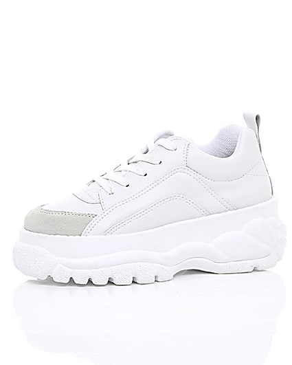 360 degree animation of product White faux leather chunky lace up trainers frame-23