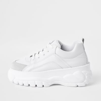 White faux leather chunky lace up trainers