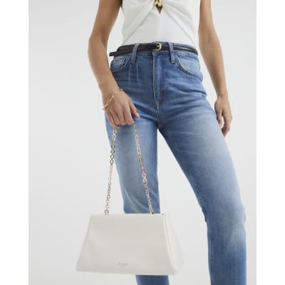 White Faux Leather Frame Top Clutch Bag