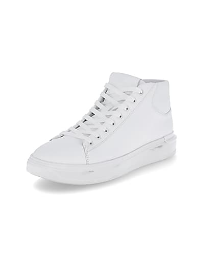 360 degree animation of product White faux leather lace up mid top trainers frame-0