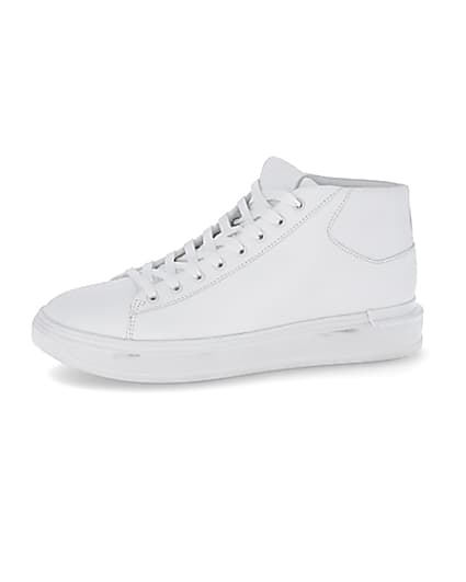 360 degree animation of product White faux leather lace up mid top trainers frame-2