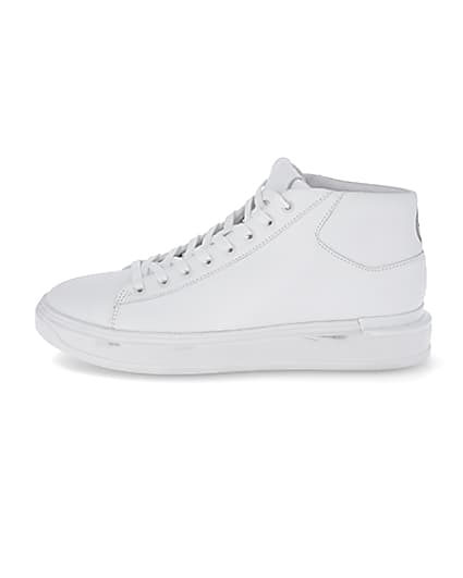 360 degree animation of product White faux leather lace up mid top trainers frame-3