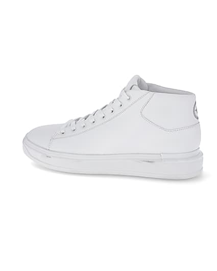 360 degree animation of product White faux leather lace up mid top trainers frame-4