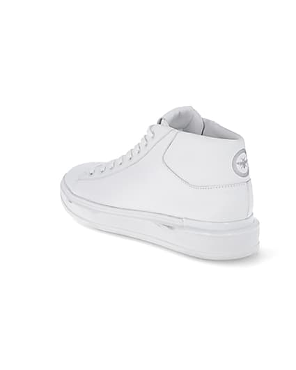 360 degree animation of product White faux leather lace up mid top trainers frame-6