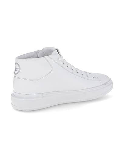 360 degree animation of product White faux leather lace up mid top trainers frame-13