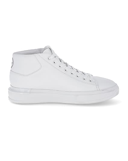 360 degree animation of product White faux leather lace up mid top trainers frame-15