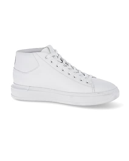 360 degree animation of product White faux leather lace up mid top trainers frame-16