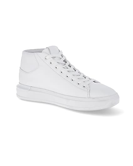 360 degree animation of product White faux leather lace up mid top trainers frame-17