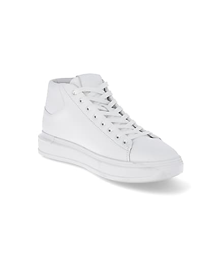 360 degree animation of product White faux leather lace up mid top trainers frame-18