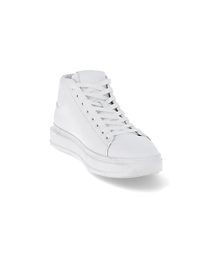 360 degree animation of product White faux leather lace up mid top trainers frame-19