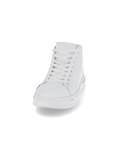 360 degree animation of product White faux leather lace up mid top trainers frame-22