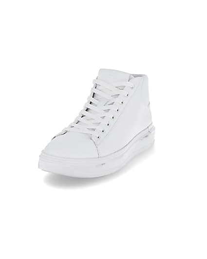 360 degree animation of product White faux leather lace up mid top trainers frame-23