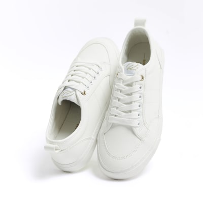 White faux leather lace up trainers | River Island