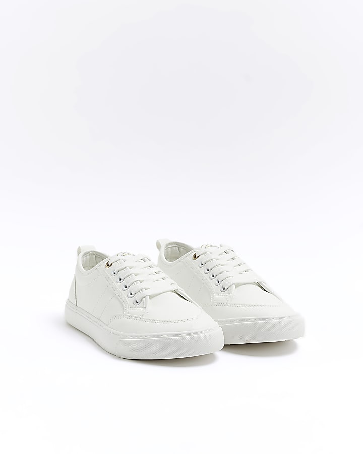 White faux leather lace up trainers | River Island