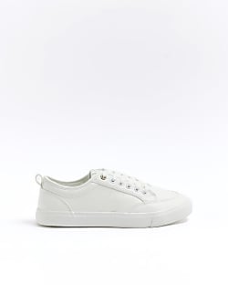 White faux leather lace up trainers