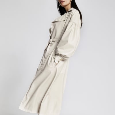 White faux leather studded belt trench coat | River Island